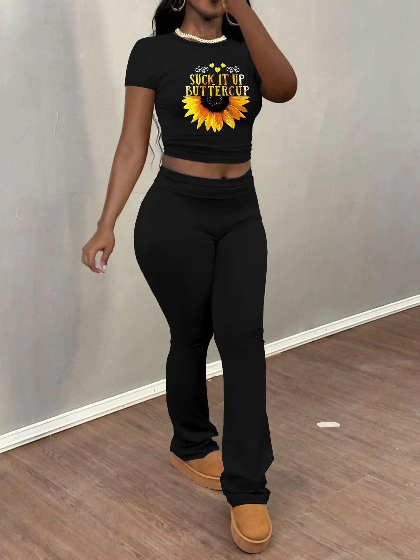 sunflower pattern printing Women's Sunflower Print Casual Set, Short Sleeve Crop Top & Flared Pants, Spring & Fall Fashion Outfit, Tight Fit, Moderate Fabric