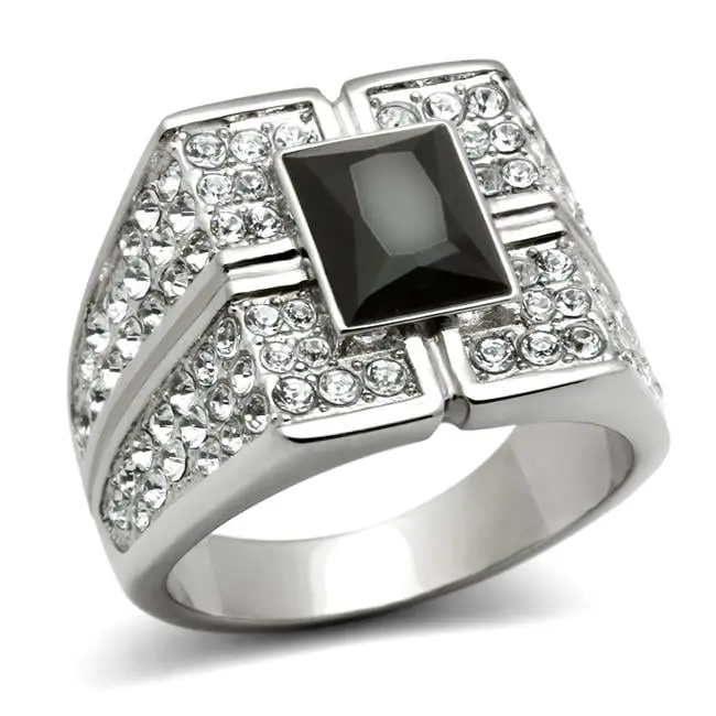 212 MAIN Men's Maximalist Jewelry Statement Ring - Size 13, High-Polished Stainless Steel, Jet Synthetic Stone, Synthetic Glass Accessory