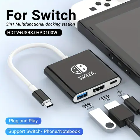 Multifunctional 3-in-1 Compact Switch Docking Station - ABS, Type-C Input, HDMI Port, Compatible with Switch/OLED/Steam Deck, TV Mode Support, HDTV1.4, 100W Power, USB 3.0, Travel Console Replacement Connector
