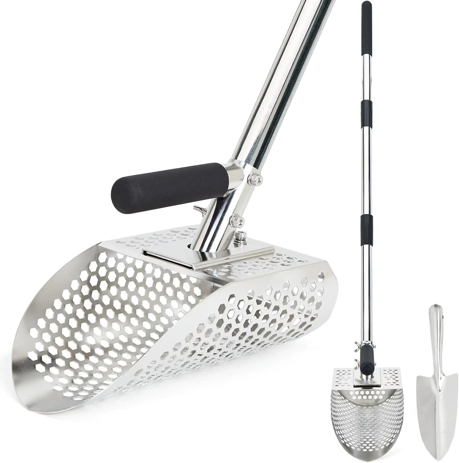Sand Scoop for Metal Detecting, Stainless Steel Metal Detector Scoop with Long Steel Handle, Sand Sifter for the Beach, Metal Detector Accessories, Metal Detecting Shovel, Sand Flea Rake for Beach