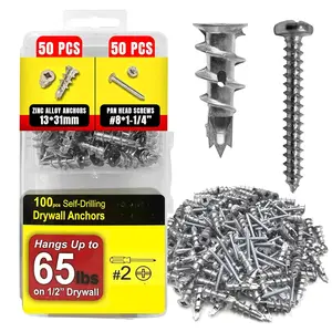 100 count Zinc Dry Wall Anchors and Screws Kit Metal - 50 count Self Drilling Anchors and 50 count #8 x 1-1/4" Screws, Heavy Duty 65lb Capacity, No Need for Studs