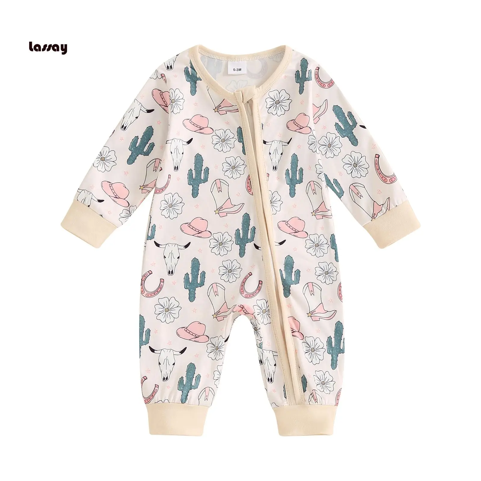 Baby Girls Autumn Casual Jumpsuit Long Sleeve Cattle Head/Cow/Cactus Print Oblique Zipper Romper
