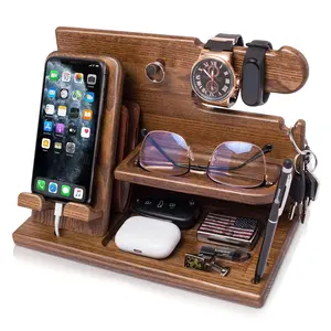 TESLYAR Wood Phone Docking Station for Men - Desk Accessories & Workspace Organizer - Nightstand Organizer - Birthday Gifts for Men or Dad - Idea for Anniversary - Key Holder - Stand Watch (Beige)