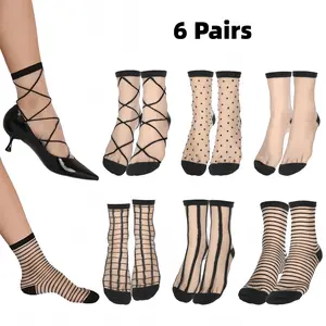 Sheer Socks Women, Lace Trouser Mesh Socks, Transparent Fishnet Ankle High Mid Calf Socks 6 Pairs