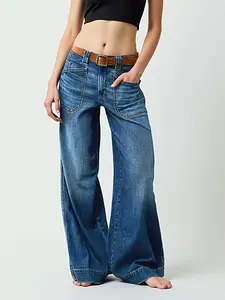 Womenswear Minimalist Blue Denim Bottoms: Four-Season Comfy Basics – High-Waisted Loose Baggy/Straight-Leg