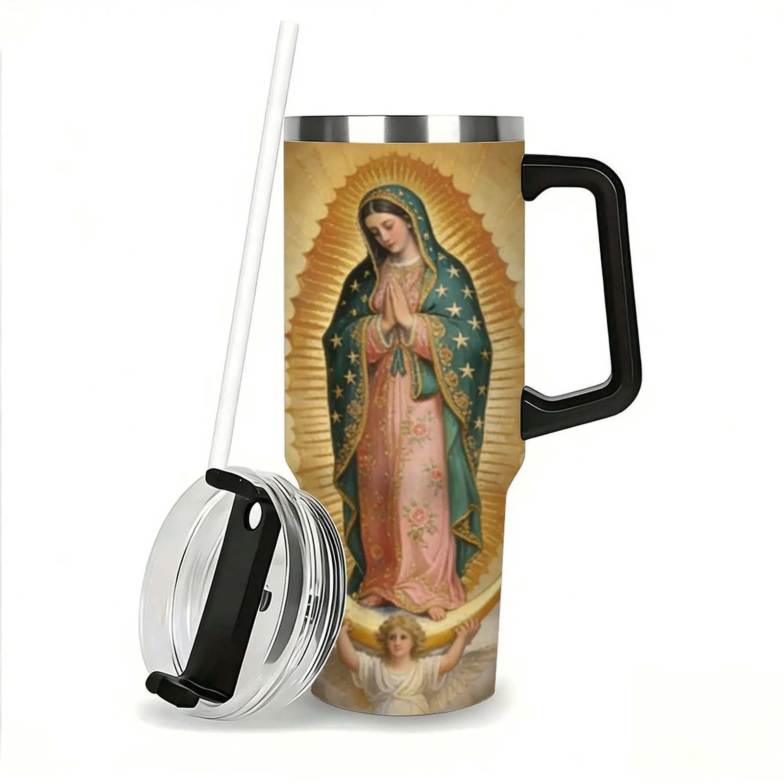 Sanctum Home 40oz Flip-Down Covered Straw Tumbler with Handle | 100% Leakproof Insulated Tumbler | Virgin of Guadalupe 304  Water Bottle  | Cup Holder Friendly Base| Catholic Religious Gift for Confirmation First Communion| Mother's Day Gift tiktokshopspr