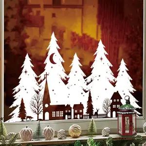 78 Pieces 4 Sheets Christmas Snow House Static Window Stickers, Cartoon Christmas Town Glass Decals, Store Display Holiday Atmosphere Decorations
