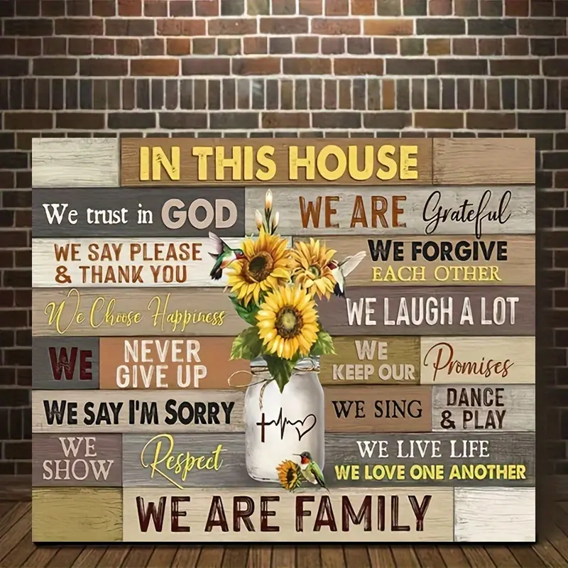 1pc Wooden Framed Jesus Canvas Art Print: In This House We Trust In God Canvas Print Poster Picture with Sunflower Mason Jar Hummingbird for Bedroom Home Decor Ready to Hang Gift