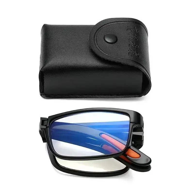 Unisex Retro-Style Plastic Bifocal Presbyopia Sports Eyewear - Foldable Casual Stylish Glasses, Blue Lenses, Blue Light Blocking, Portable Design, Pocket Case for Daily Use, Trendy Frames, Collapsible, Male, Bifocal Presbyopia Glasses, Blue Light Blocking