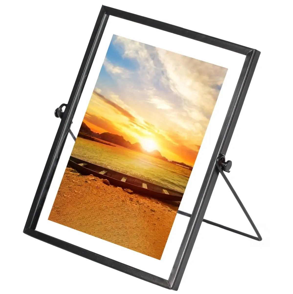 Metal Framed Floating Tabletop Photo Frame - 9x6.75 in Black, Glass Cover, Easel Stand, 360-Degree Rotation, Modern Vertical Home & Table Decor