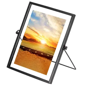 360 stand Metal Framed Floating Tabletop Photo Frame - 9x6.75 in, Black, with Glass Cover, Easel Stand, 360-Degree Rotation, Vertical Home Decor, Modern