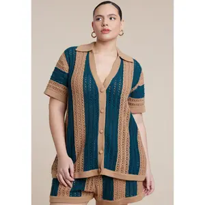 ELOQUII Women's Plus Size Oversized Crochet Button Up Top