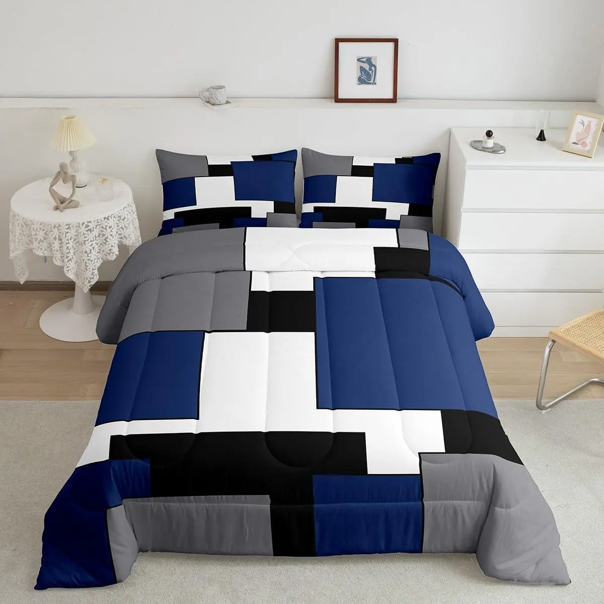 Geometric Square Bedding Set,Navy Grey White Black Comforter Set,Abstract Geometric Grid Lines Stripes Quilted Duvet Home Room Decor,Modern Graphic Artwork Down Comforter