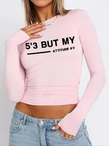 Women's Letter Print Round Neck Tee, Casual Slim-fitting Long Sleeve T-shirt for Spring & Fall, Women's Top for Daily Wear