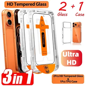 3in1 2pcs Ultra HD Screen Protector+1pcs Phone Case Accessories For iPhone 17 Air/16E/17/16/15/14/13/12/11/Pro Max/Pro/Plus/Mini/X/XS/XR/XS MAX/7/8/SE,Auto Dust-Elimination,One-Click Bubble-Free Installation,9H Hardness,HD Clarity
