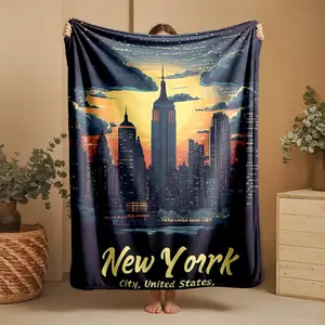 1 piece Sunset view of the Manhattan skyline in New York themed flannel blanket - Super soft flannel blanket, suitable for beds and sofas, all-season use, modern design, digitally printed pattern, 100% polyester material, machine washable, suitable