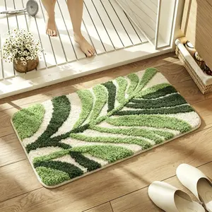 Aesthetic Green Leaf Bath Mat, Absorbent Non-Slip Bathroom Rug, Soft Fluffy Floor Mat for Bathroom/Entryway,Green Boho Decor Doormat 100 dollar summervibes tiktokshopspringglowup