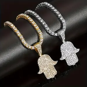 Hand of God pendant necklace, men's fashion item, unisex wide Cuban necklace, suitable for men and women anniversary gift White Gold Chain