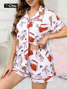 2-Piece Spring/Summer Set: Full-body Bow, Star, Beverage Print Short Sleeve Shorts - Soft Fitted Top with Small Pockets, Turned-Down Collar, Elastic Waistband - Suitable for Home, Casual, Everyday Wear, Sleepwear, Pajama, Loungewear