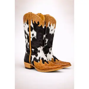 THE MILLIE WESTERN BOOT - Classic Women's Hair-On Hide Leather Boot with Round Toe & Hand-Tooled Detailing - Knee Height, 3" Heel, All Seasons Footwear Cowgirl Boots Cowhide Boots