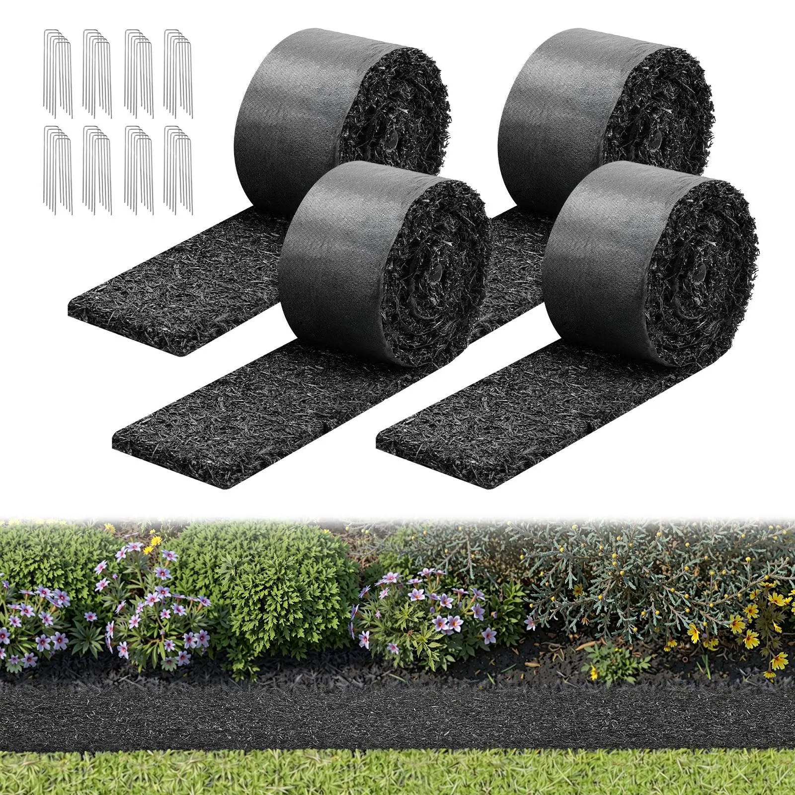 VEVOR 4-Pack Recycled Rubber Mulch Mat Roll, 3050x115mm (120 x 4.5 in), 0.5 in Thick Cuttable Gardening Outdoor Flower Barrier, 100% Recycled Rubber Fiber Edging Border with Stakes, Weed Blocking, Breathable, Mud Prevention for DIY Landscaping
