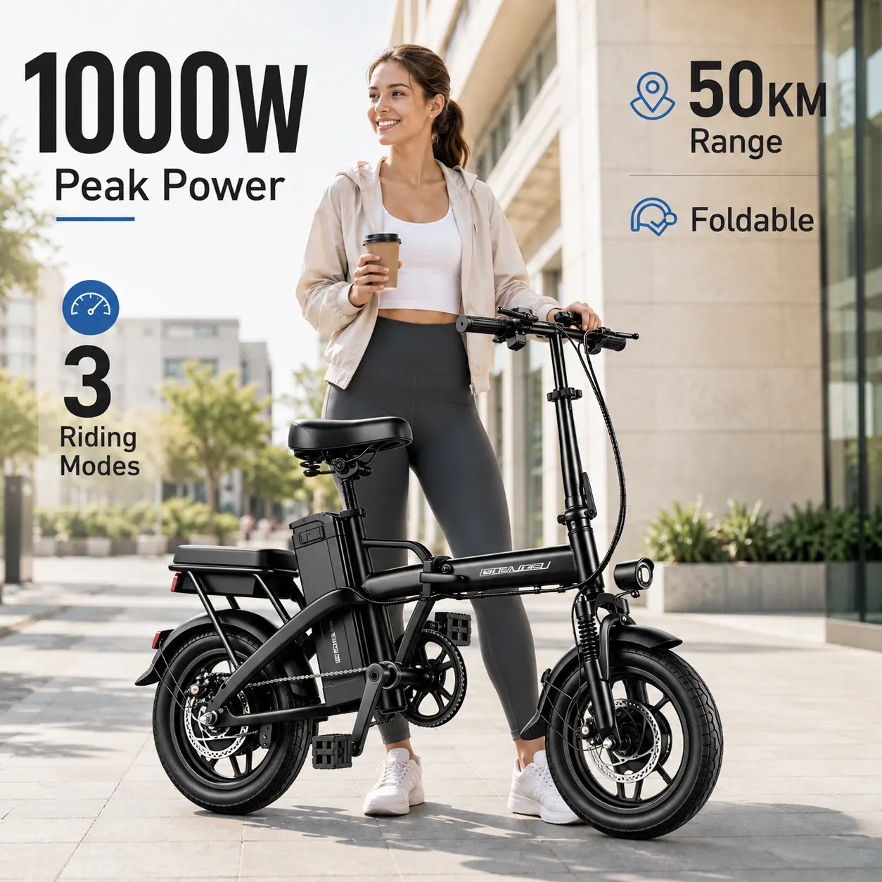 Portable Folding Ebike for Adults, 1000W Commuter Electric Bike with 48V Removable Battery, 30 mi Range, 20 MPH Speed, 14-inch Anti-Puncture Tires, Commuting, Collapsible, Compact,  Car Trunk Fit, Quick Fold, Foldable, Space-Saving tiktokshopbacktoschool