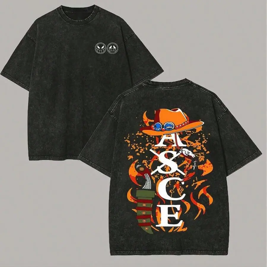 Distressed Black One Piece Ace ASCE Oversized T-Shirt, Fiery Anime Graphic Print Tee, Streetwear Top For Portgas D. Ace Fans,Blusas Bonitas De Mujer