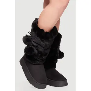 Faux Fur Platform Boots with Pom Poms