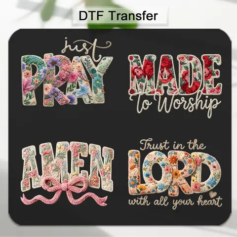 Craft-Ready DTF Iron-On Stickers, 4PCS/Set (AMEN, PRAY LORD) - Christian Prayer Faith Themed, Embroidery Floral Look, Wash-Resistant Vibrant Print, Durable DIY Sewing Accessory for T-Shirts, Church Events