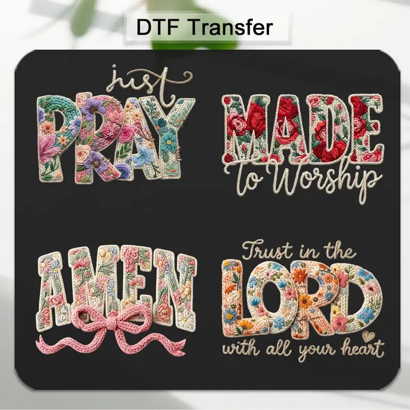 Craft-Ready DTF Iron-On Stickers, 4PCS/Set (AMEN, PRAY LORD) - Christian Prayer Faith Themed, Embroidery Floral Look, Wash-Resistant Vibrant Print, Durable DIY Sewing Accessory for T-Shirts, Church Events