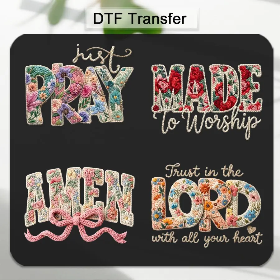 Christian-Themed DTF Iron-On Transfer Stickers, 4PCS/SET AMEN PRAY LORD, Washable Durable DIY Products & DIY Material Craft Supplies for T-Shirts, Bags