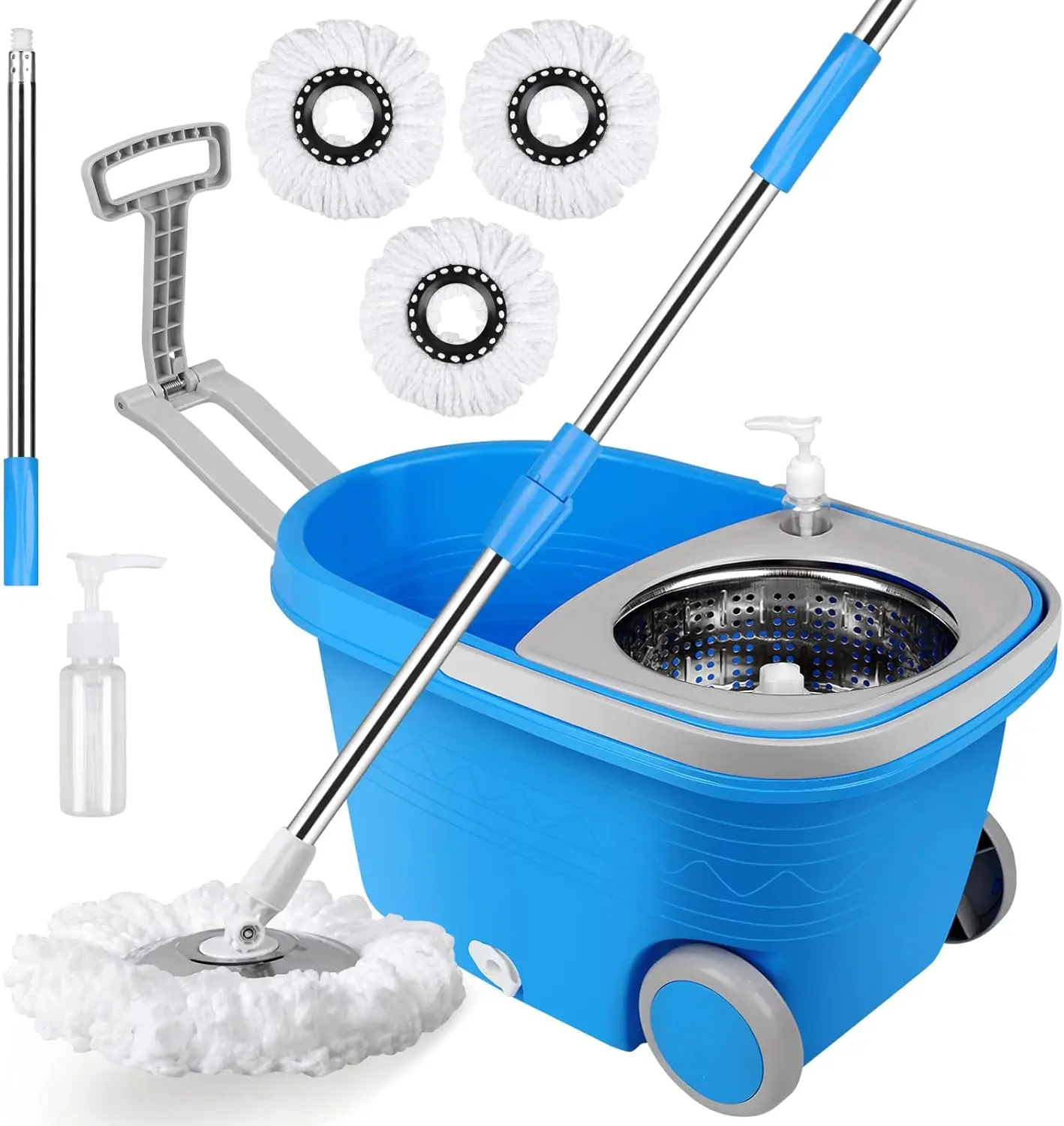 360° Rotatable Spinning Mop and Bucket Set with Wringer on Wheels, 25QT Bucket, 61" Stainless Steel Extended Handle, 3 Microfiber Replacement Heads for Large Area Floor Cleaning (Big Black/Red), Large Areas