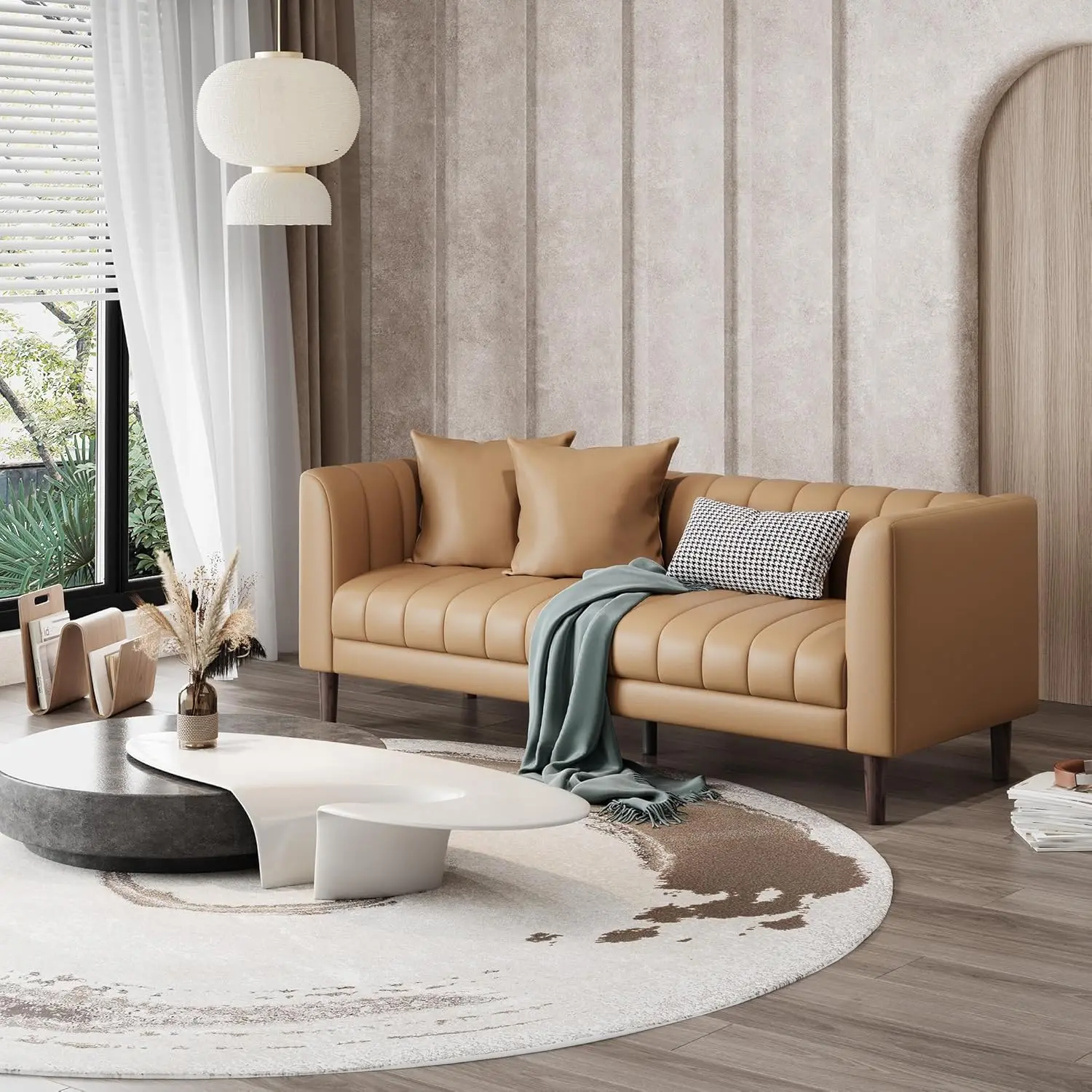 Faux Leather Sofas Couches with 2 Throw Pillows, Mid Century Modern Loveseat Sofa, 3 Seater Sofa and Wood Legs, Easy Assembly, for Living Room and Bedroom, Office Couch, Modern Brown