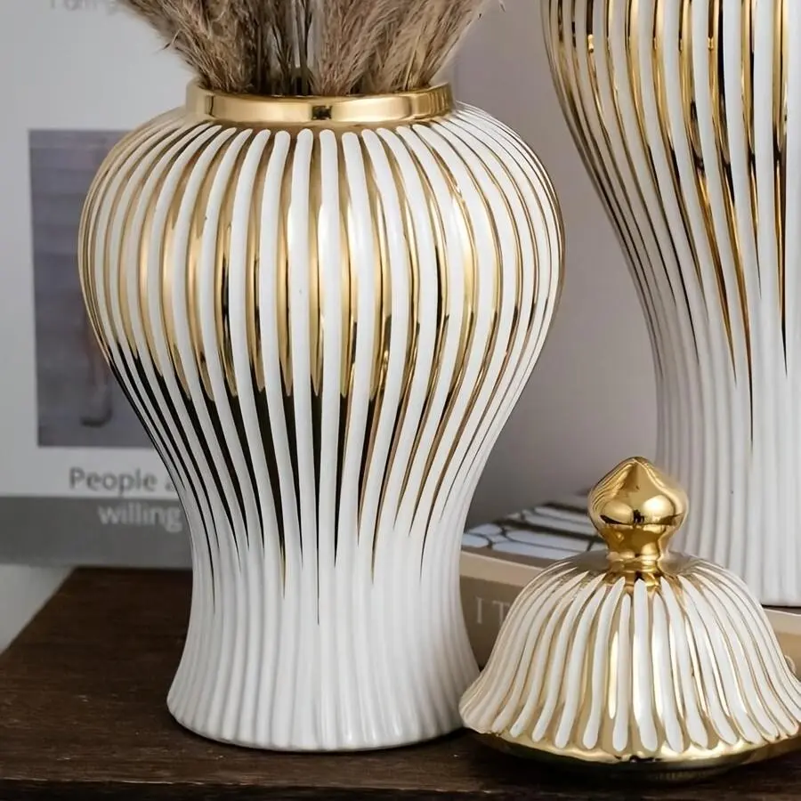 Classic Striped Cylindrical Luxury Ceramic Vase, Elegant Floral Container, Centerpiece Vase, Home & Wedding Decor, Living Room, Lobby, Hotel Display