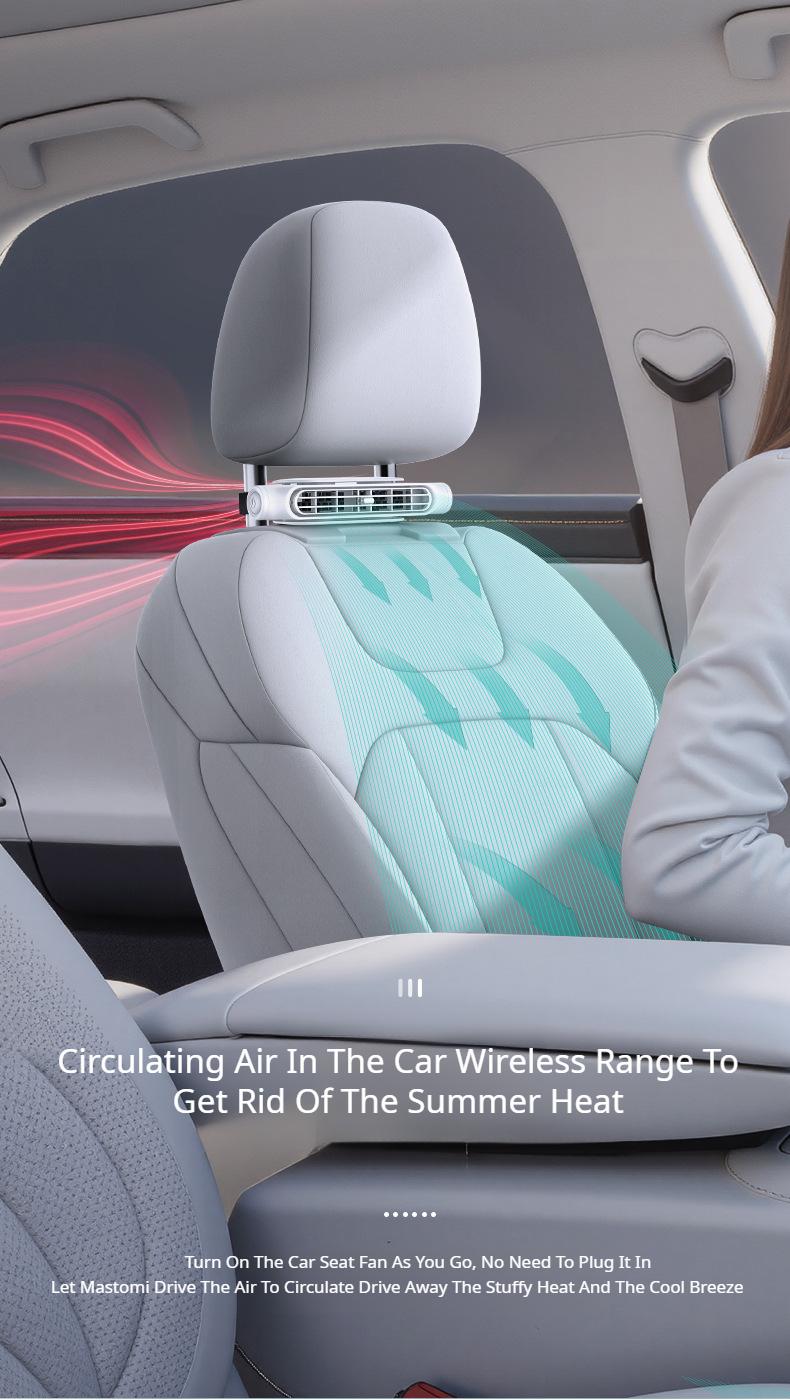 Portable fan for children in the back seat; USB-rechargeable neck-cooling fan featuring 3-speed adjustment and an air vent clip design; compatible with all vehicle models as well as home and office chairs.