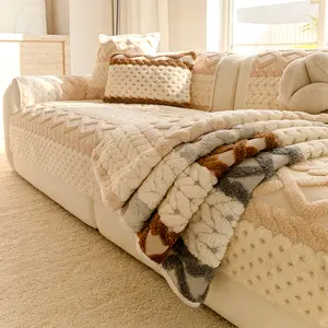 1Pc Solid Color & Stripe Plush Cushion Cover, Diamond Quilted Color Block Design, Non-Slip Washable Soft Sofa Protector, Sofa Slipcover, Pet-Friendly, Fits Loveseat/Armchair/3-Seater/Sectional | Popular Style