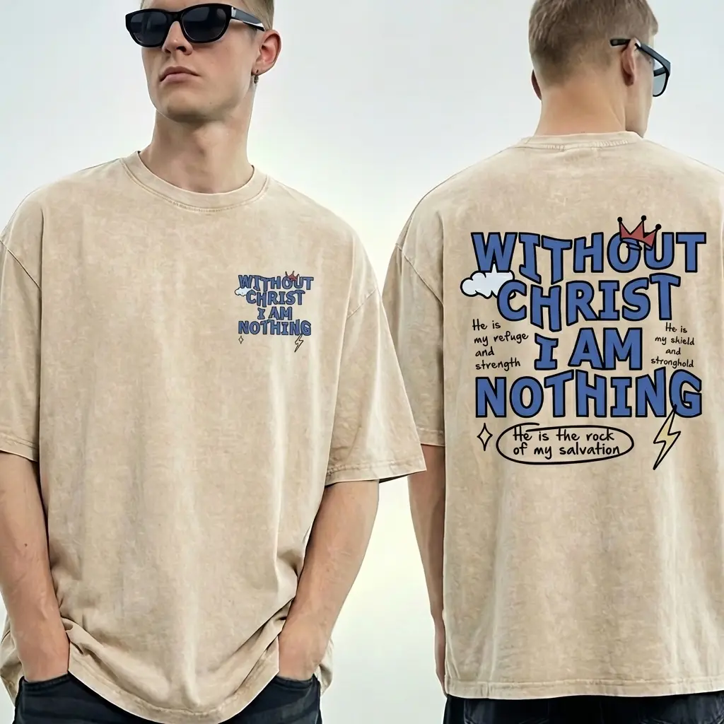 Men's Regular Fit without Christ I Am Nothing Letter Print Round Neck Tee, Street Fashion Casual Short Sleeve T-shirt for Daily Wear, Menswear for All Seasons, Top Classic Washed Cotton Embroidered Love Sweatshirt
