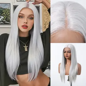 【LIMITED DEAL】DWY Lace Front Middle Part Long-Length Straight White Glueless Synthetic Wig for Women 20 Inches