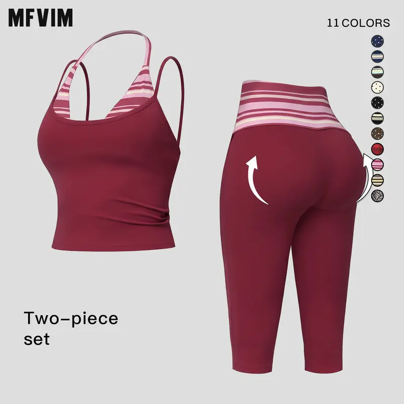 MFVIM women’s color-block double-layer halter yoga tank top set — waist-cinching, butt-lifting mid-length athletic shorts; two-piece fitness set with a nude feel,travel essentials,camping essentials