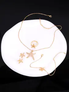 Bohemia Versatile 18k Gold-Plated Copper Zircon Jewelry Set, Starfish Shape Pendant Necklace & Bracelet, Perfect Gift for All Occasions
