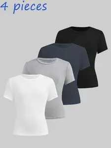 4-piece girls' solid color simple basic style T-shirt top, short sleeved round neck, casual slimming, comfortable and elegant, girls' clothing, machine washable and dry cleanable