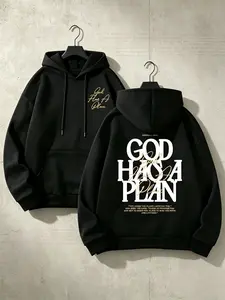 Two Sided Print God Has A Plan Hoodie, 270g Brushed Fleece Oversized Black Hooded Sweatshirt, Front Gold Cursive Chest Logo & Back Stacked Bold Bible Verse Graphic, Minimal Elegant Christian Faith Streetwear Pullover For Men Women Teen