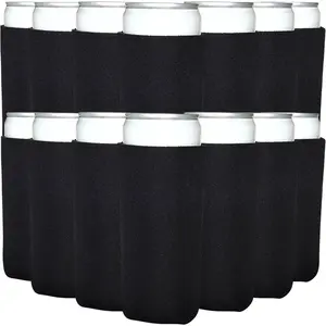 Slim Can Cooler Sleeves (25-Pack) Fit Skinny Tall 12 Oz Thin Seltzer Cans Sublimation Blanks for Vinyl Plain Blank Foam Beer Bottles Black Solid Set