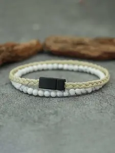 Men's Woven Leather Beaded Bracelet Set with Natural Stones and Magnetic Buckle, Handmade Charm Wrap Bracelets, 2 Pieces, Stackable Bracelets