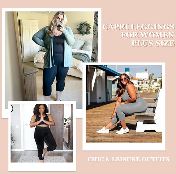 3Pack Plus Size Women's Capri Yoga Pants with Pockets Essential High Waisted Capri Legging for Workout Black Capri Leggings