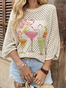 Spring and Summer Collection: Round-neck open-front loose batwing shoulder sleeve pullover, color-blocked fruit-print women's knit top, beachy style, Boho loose batwing, casual for work, bohemian beach-style seaside pullover