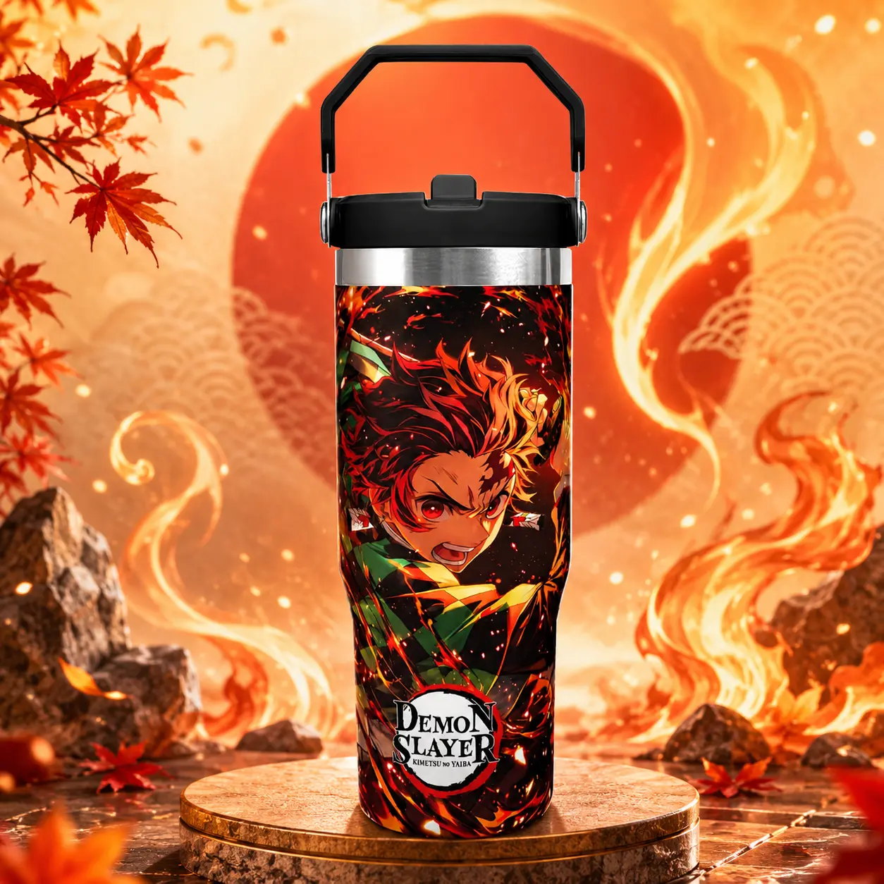 Demon Slayer-D 30oz Stainless Steel Insulated Mug, Large Portable Leakproof Vacuum Tumbler with Folding Handle, Straw Cap, Car-Compatible for Home, Office, Anime Art Gift