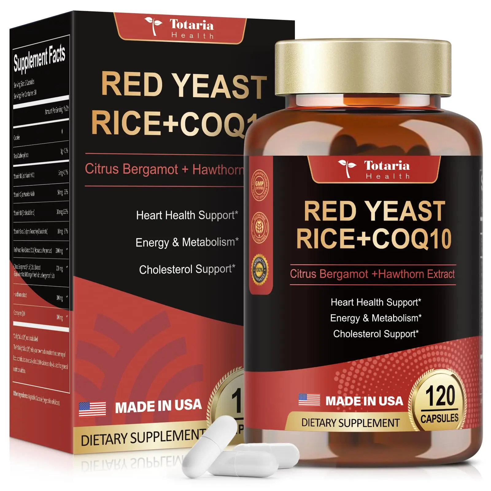 Totaria Red Yeast Rice 2000mg with CoQ10 & Bergamot | Monacolin K & Citrus Bergamot Supplement | CoQ10 100 mg + Hawthorn + Multi-Vitamins | 3rd-Party Tested, Vegan, Non-GMO, Citrinin-Free. #DealsForYouDays