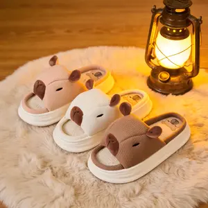 Capibara Linen Slippers for Women Soft Plush Non-Slip Indoor Womens Slides Slippers Cute Cartoon Animal Fuzzy House Slippers Comfy for Women & Men Warm Couple Design