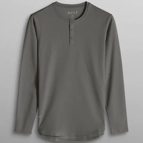 BYLT Basics Men's Henley Drop-Cut Long Sleeve Shirt - 3 Button Closure, LUX Athletic Top, Casual Chic Minimalist Plain Menswear, Cold Wash Compatible, Henley Style